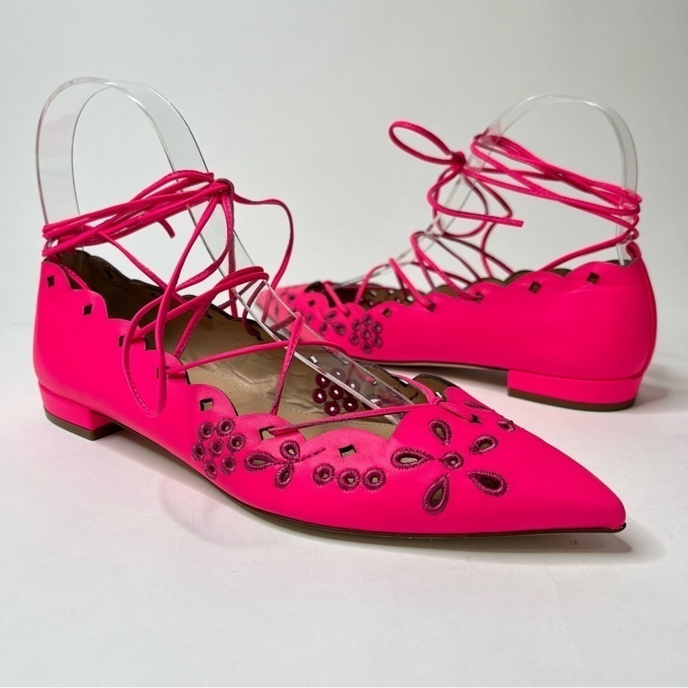 NEW J. Crew Barbie Pink Leather Eyelet Floral Lace-up Pointed Toe Ballet Flats